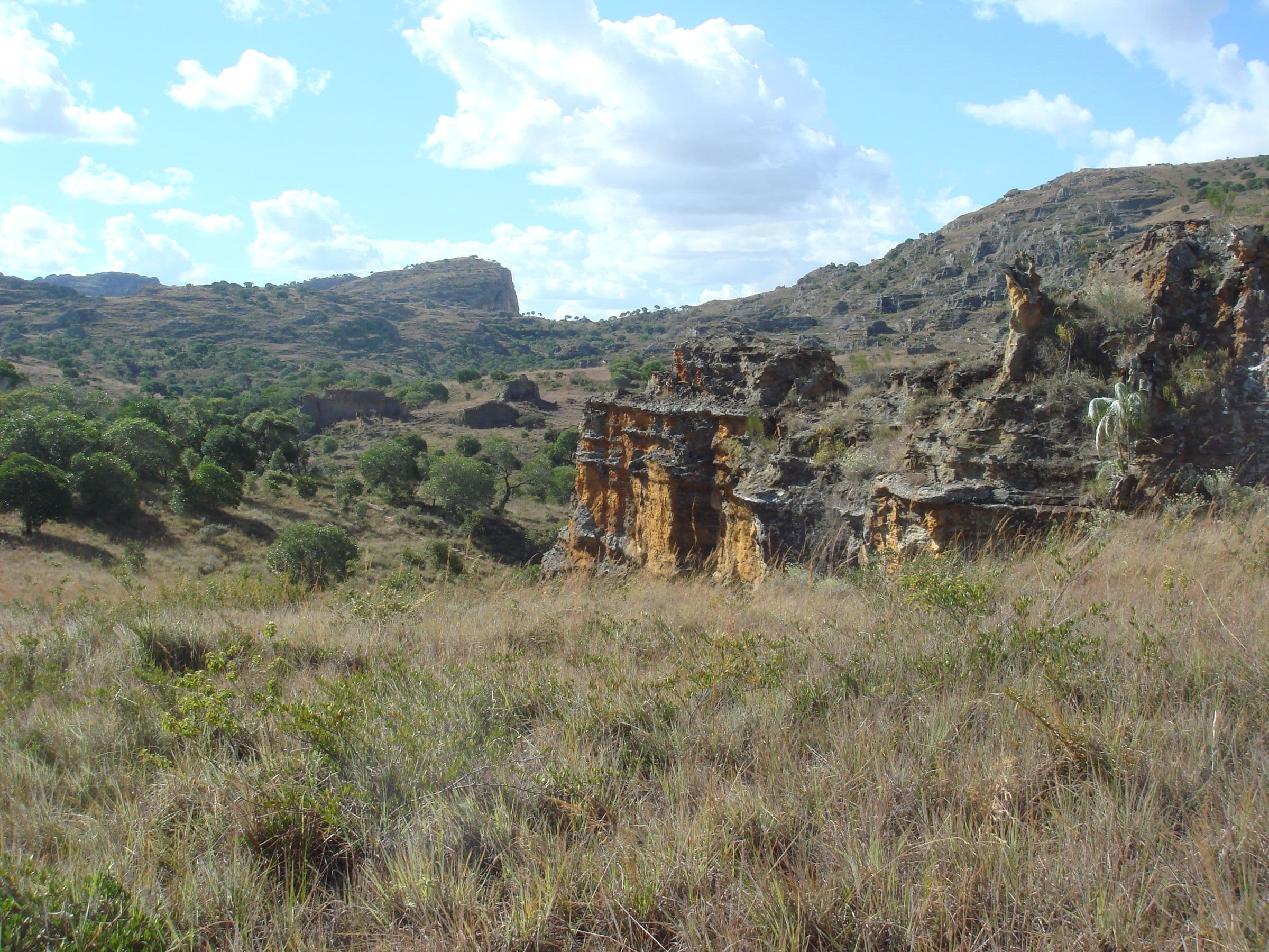 Massifs de grès érodés au-dessus d’une savane herbeuse