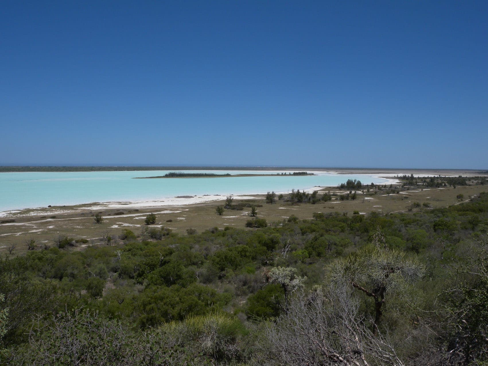 Turquoise salt lake fringed with dry thicket on the limestone plateau